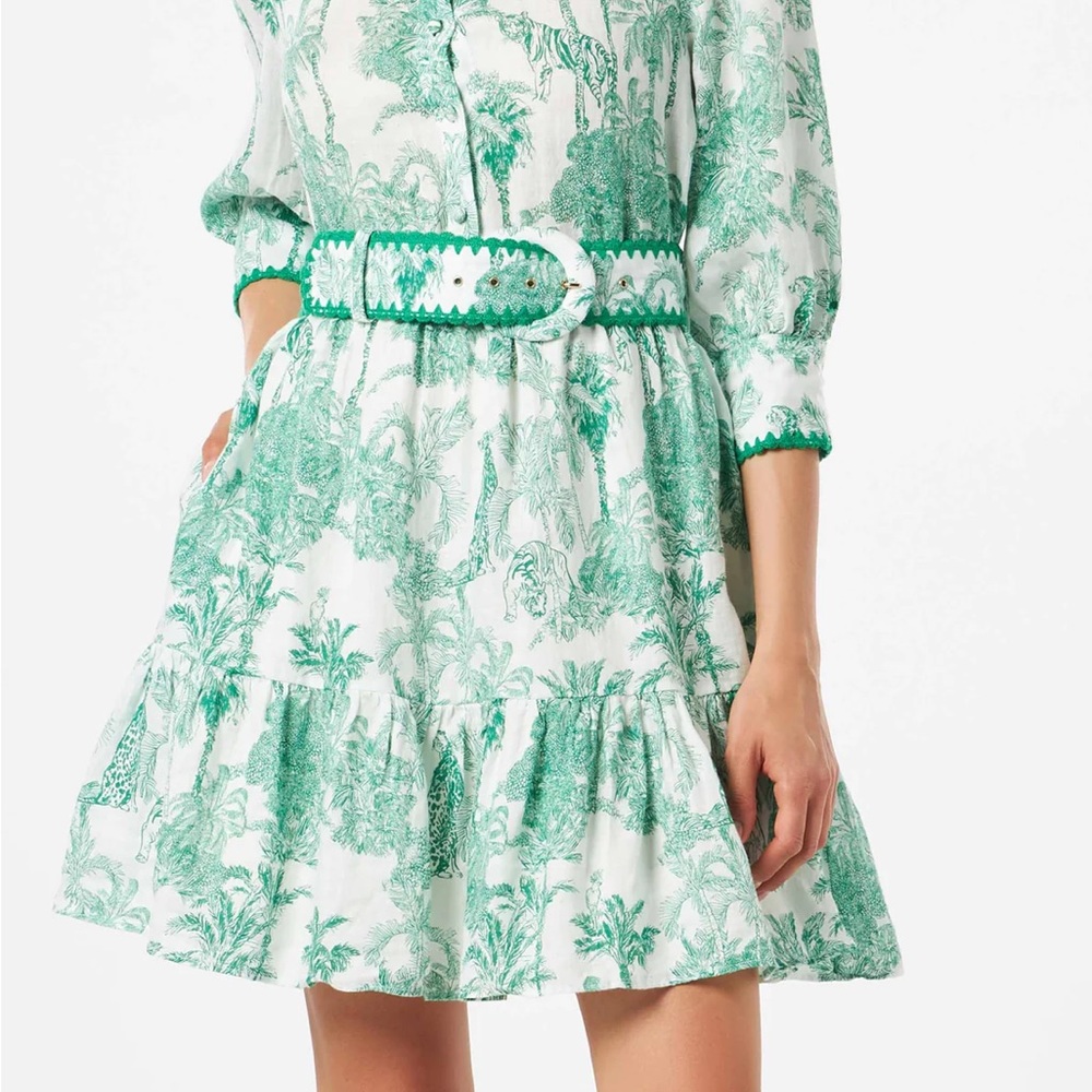 Ruffled short linen dress with belt .